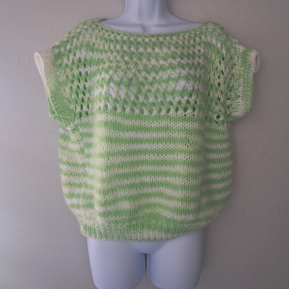 Vintage Hand Crocheted Green Striped Oversized Top Women's Medium